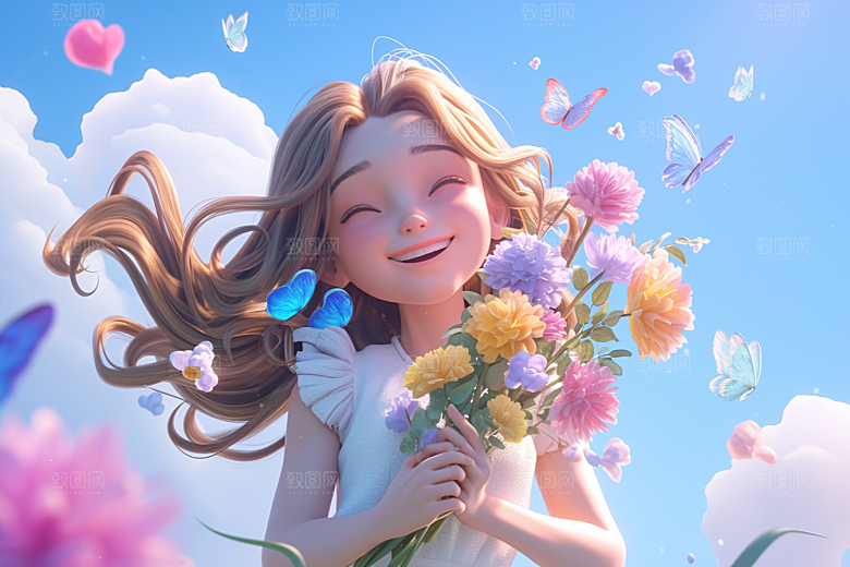 手捧鲜花的少女唯美模型素材