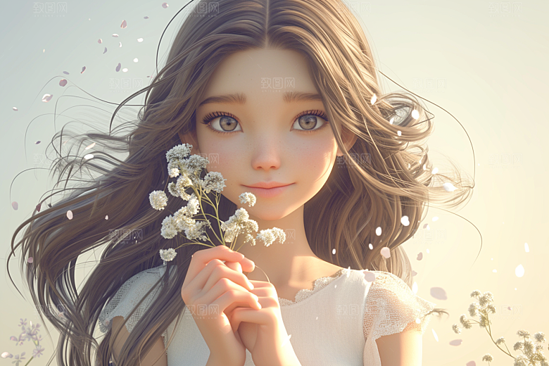 手捧鲜花的少女清新唯美素材