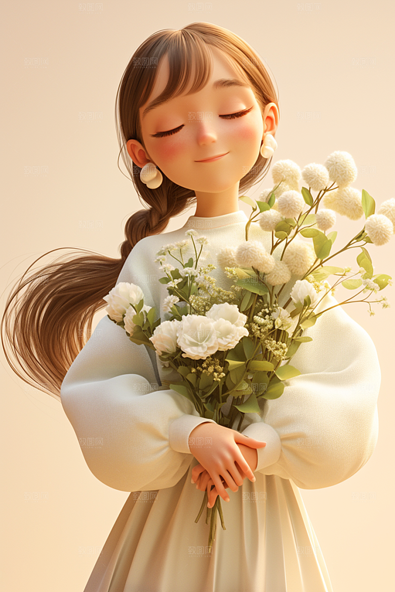 手捧鲜花的少女青春模型素材
