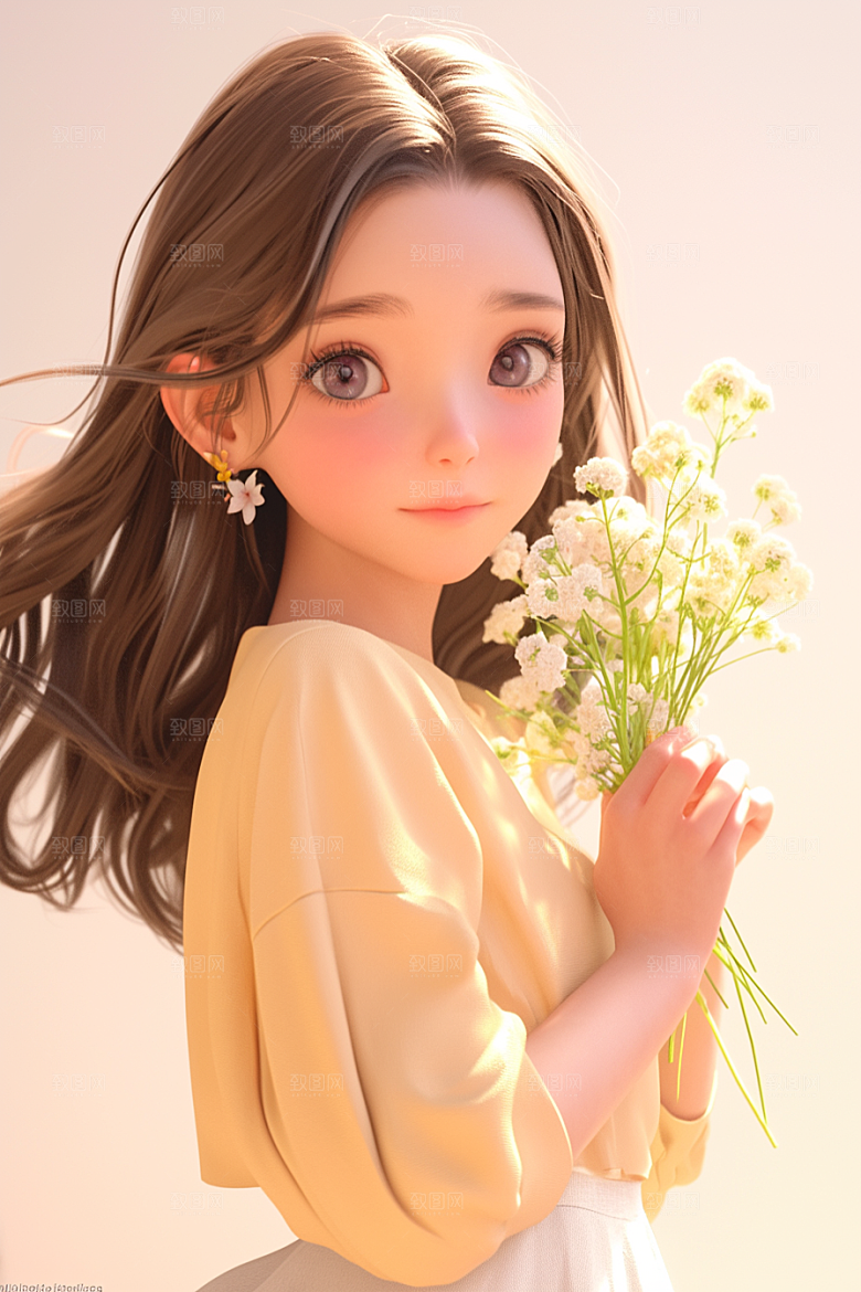 手捧鲜花的少女自然立体素材