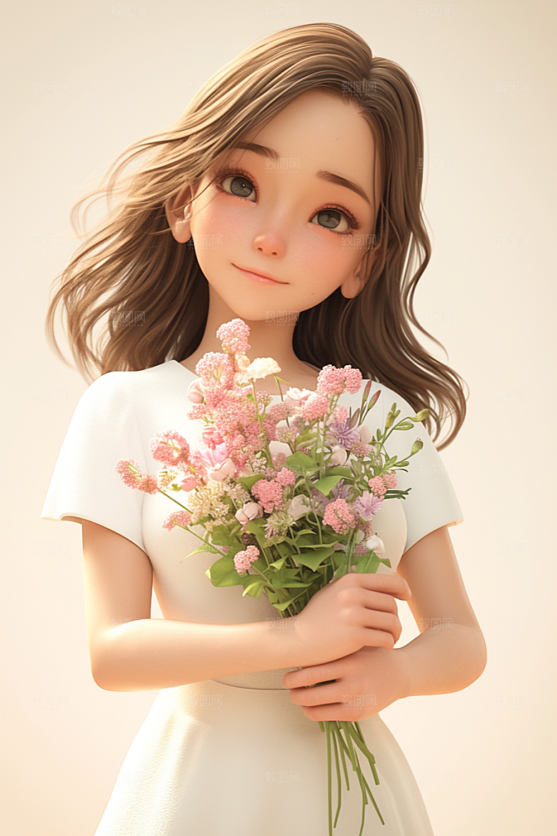 手捧鲜花的少女人物3D素材