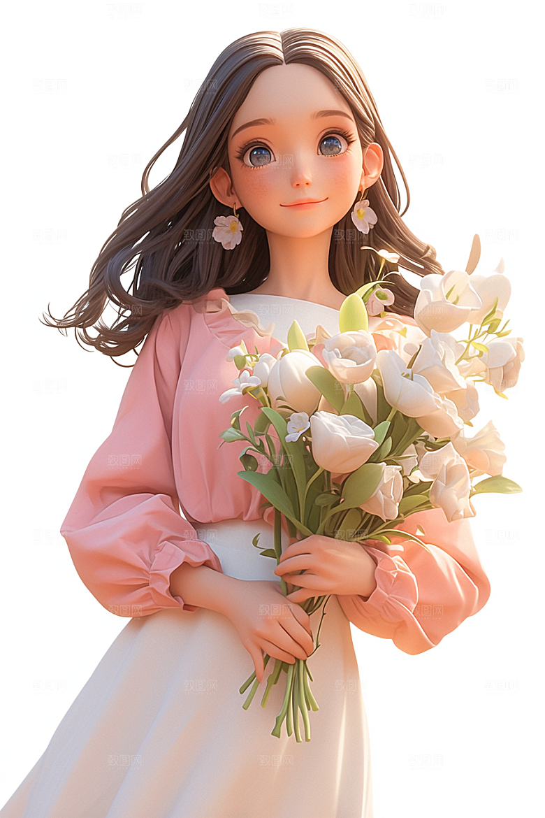手捧鲜花的少女清新青春素材