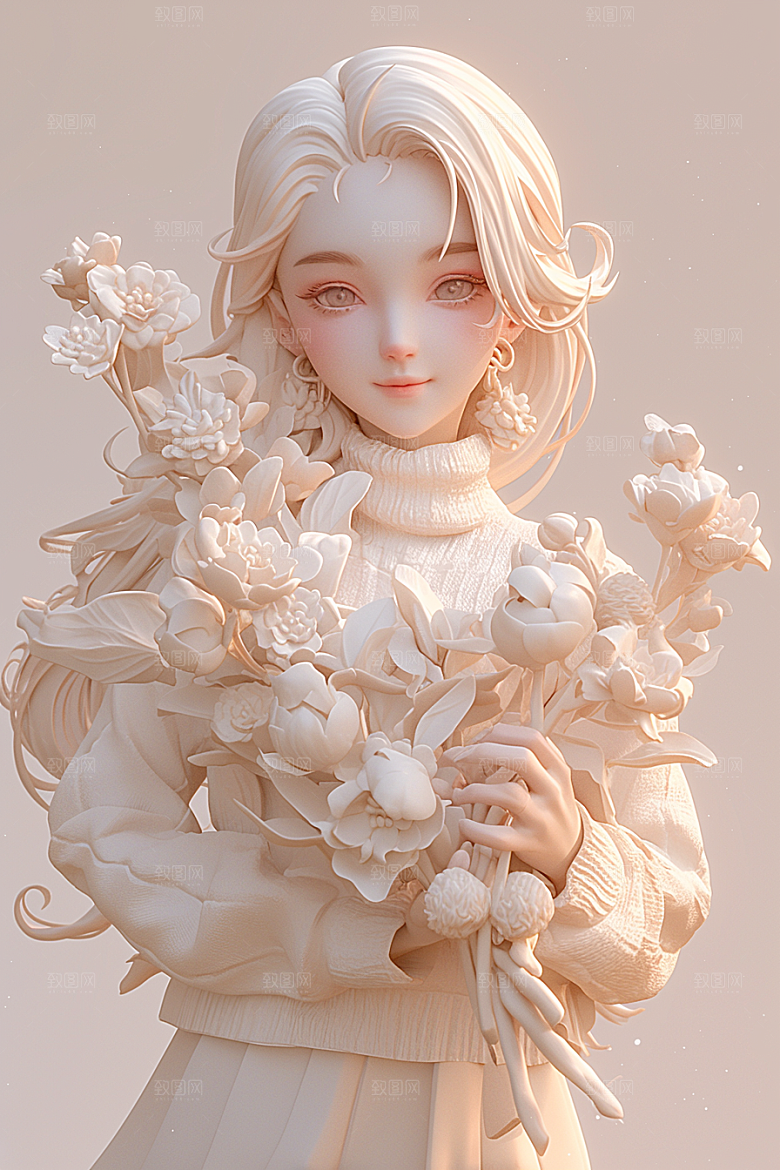 手捧鲜花的少女清新3D素材