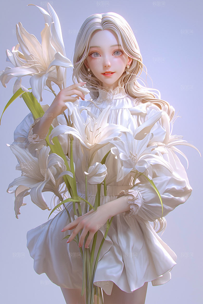 手捧鲜花的少女肖像人物素材