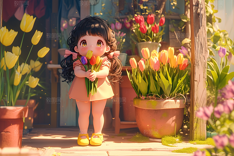 手捧鲜花的少女唯美3D素材