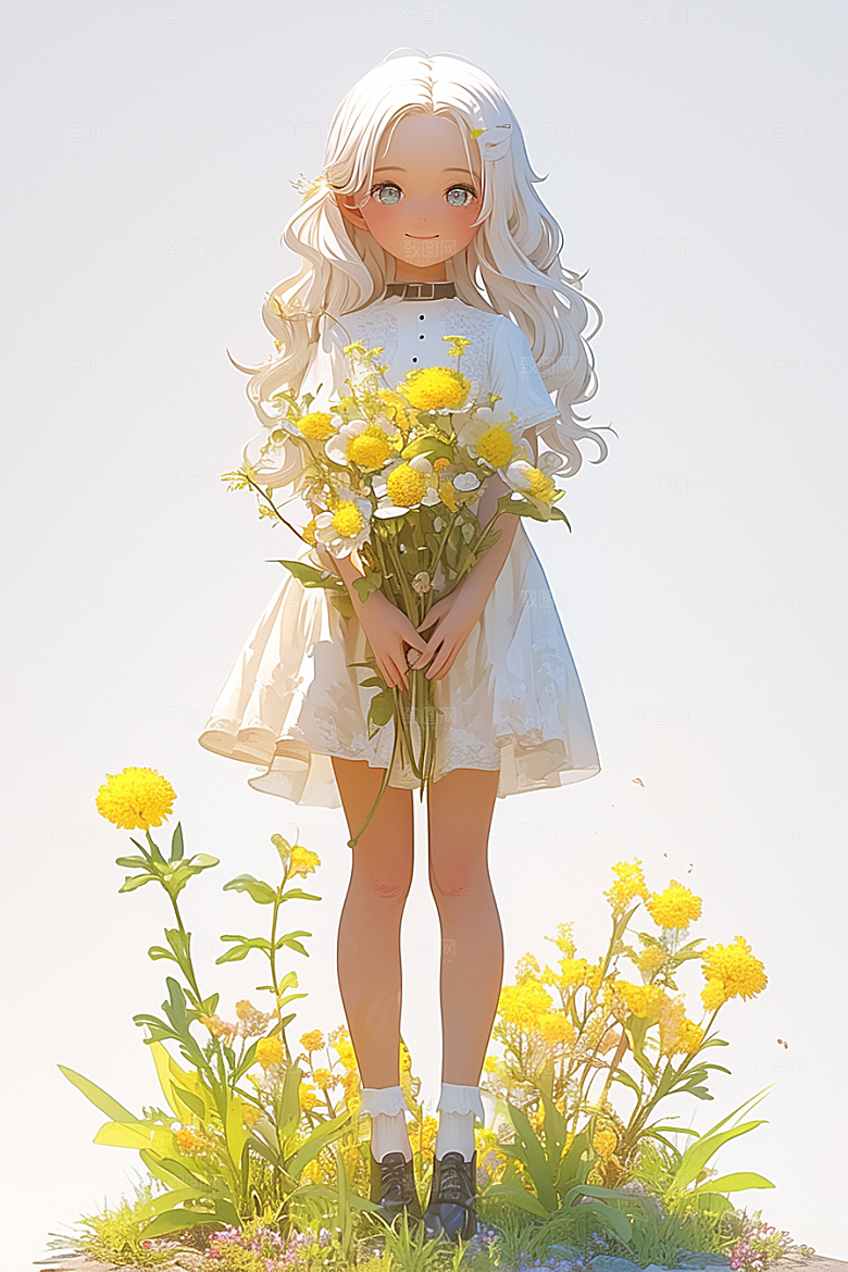手捧鲜花的少女人物烂漫素材