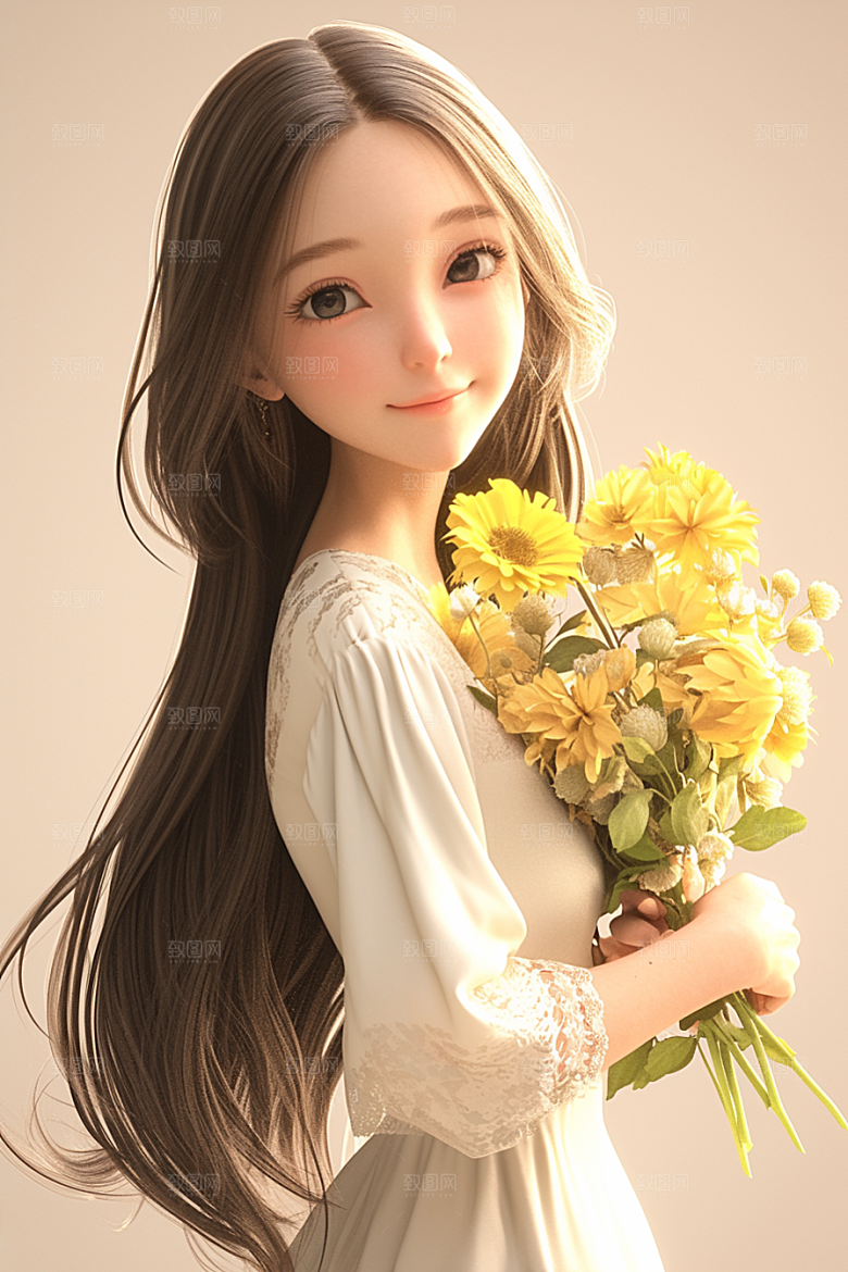 手捧鲜花的少女清新自然素材
