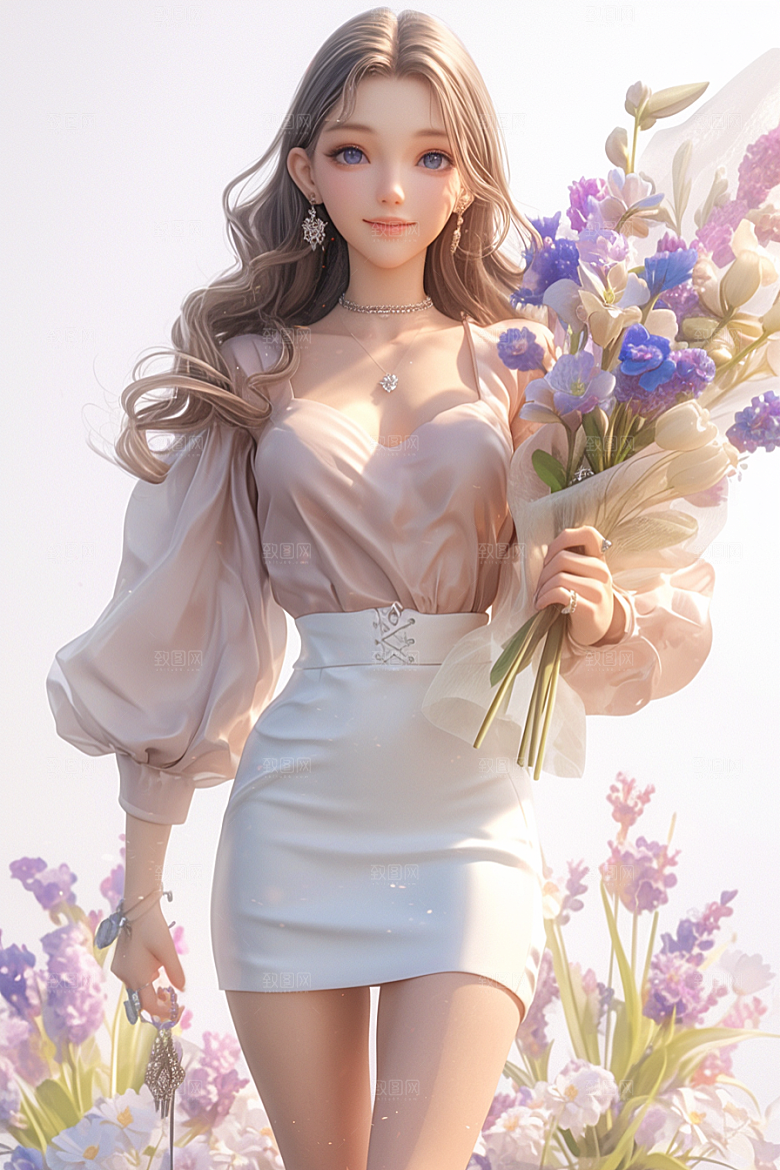 手捧鲜花的少女春天自然素材