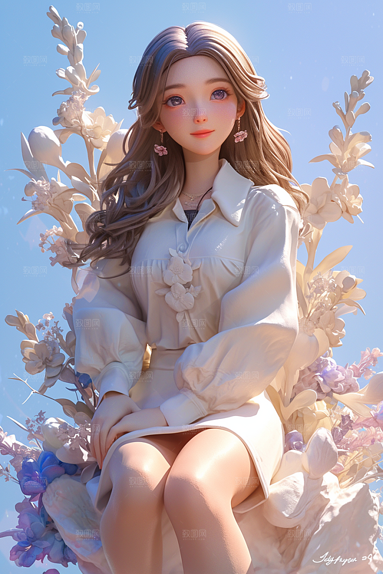 手捧鲜花的少女飞舞的裙摆清新素材