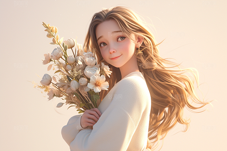 手捧鲜花的少女唯美青春素材