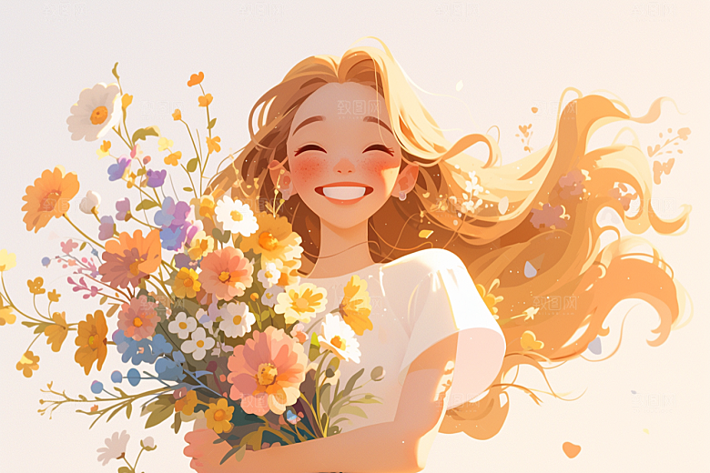 手捧鲜花的少女唯美3D素材