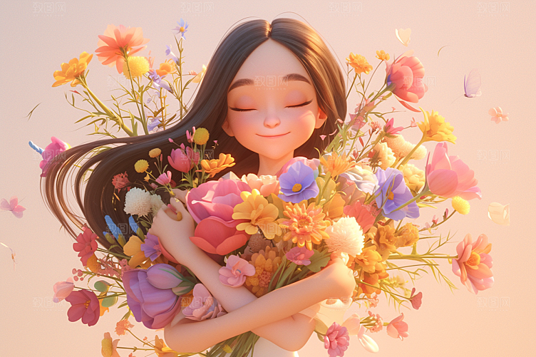 手捧鲜花的少女清新立体素材