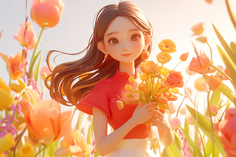 手捧鲜花的少女清新唯美素材