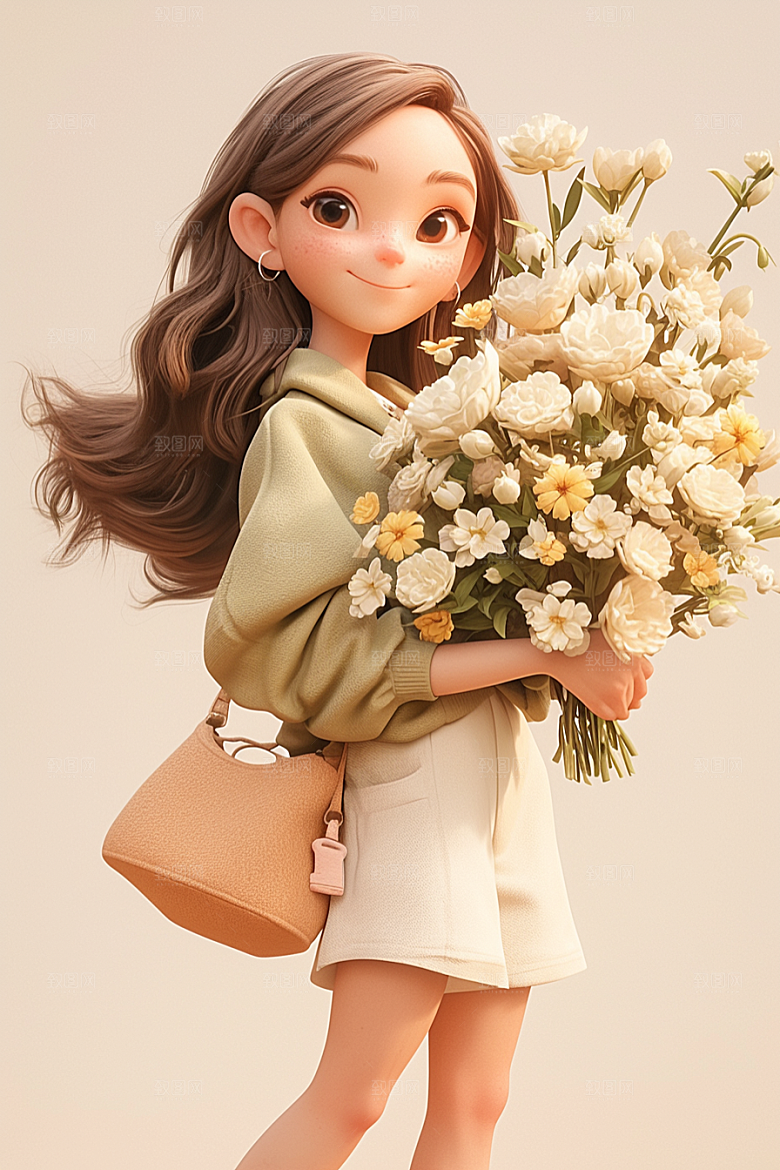 手捧鲜花的少女梦幻飞舞的裙摆素材