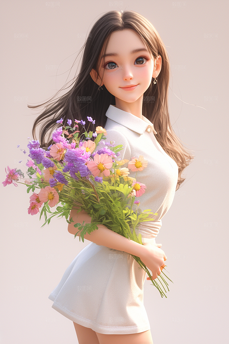 手捧鲜花的少女人物唯美素材