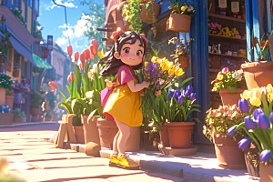 手捧鲜花的少女模型春天素材