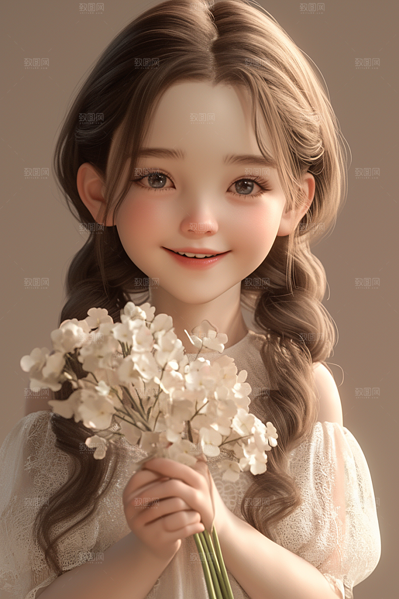 手捧鲜花的少女自然花朵素材