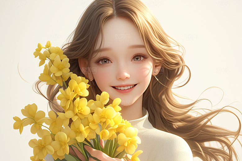手捧鲜花的少女人物立体素材