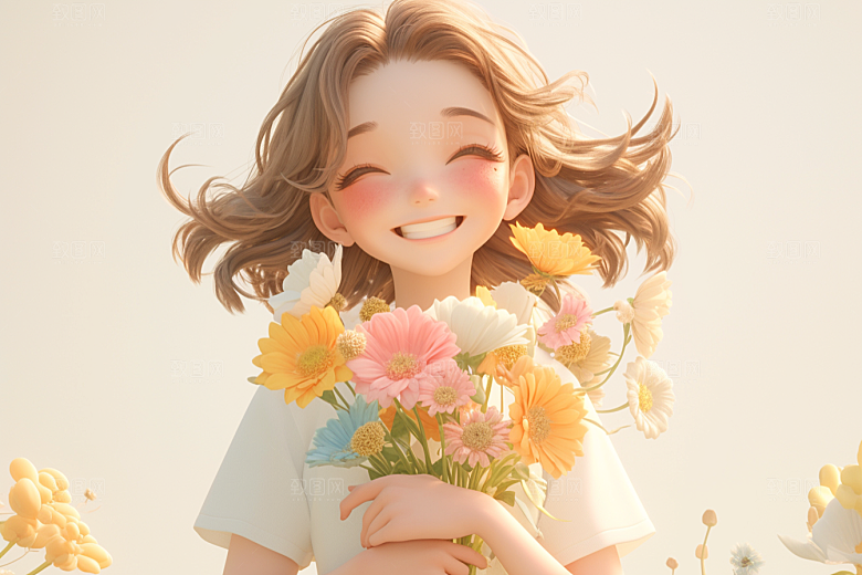 手捧鲜花的少女飞舞的裙摆烂漫素材