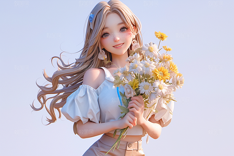 手捧鲜花的少女梦幻人物素材