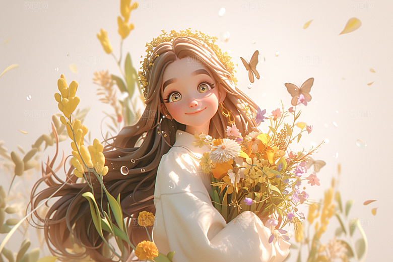 手捧鲜花的少女梦幻肖像素材