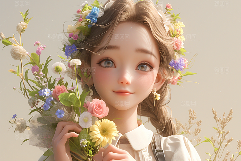手捧鲜花的少女立体唯美素材