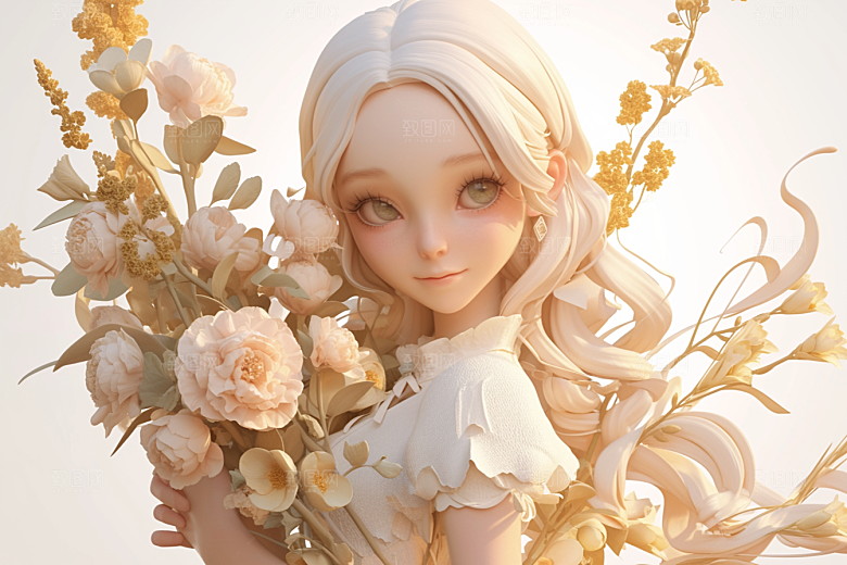 手捧鲜花的少女立体肖像素材