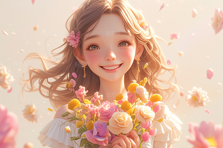 手捧鲜花的少女花朵唯美素材