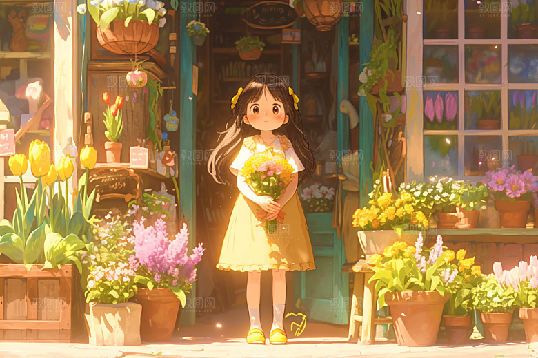 手捧鲜花的少女立体梦幻素材