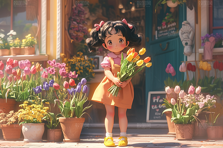 手捧鲜花的少女花朵清新素材