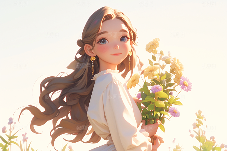 手捧鲜花的少女人物肖像素材