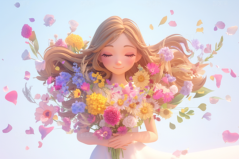 手捧鲜花的少女人物自然素材