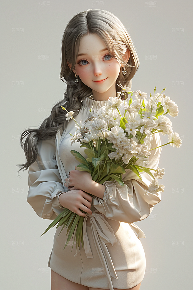手捧鲜花的少女唯美春天素材