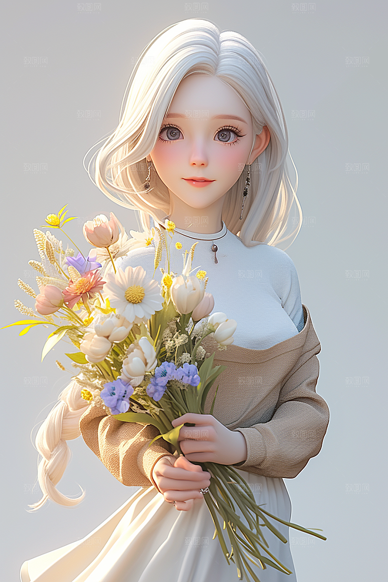 手捧鲜花的少女唯美自然素材