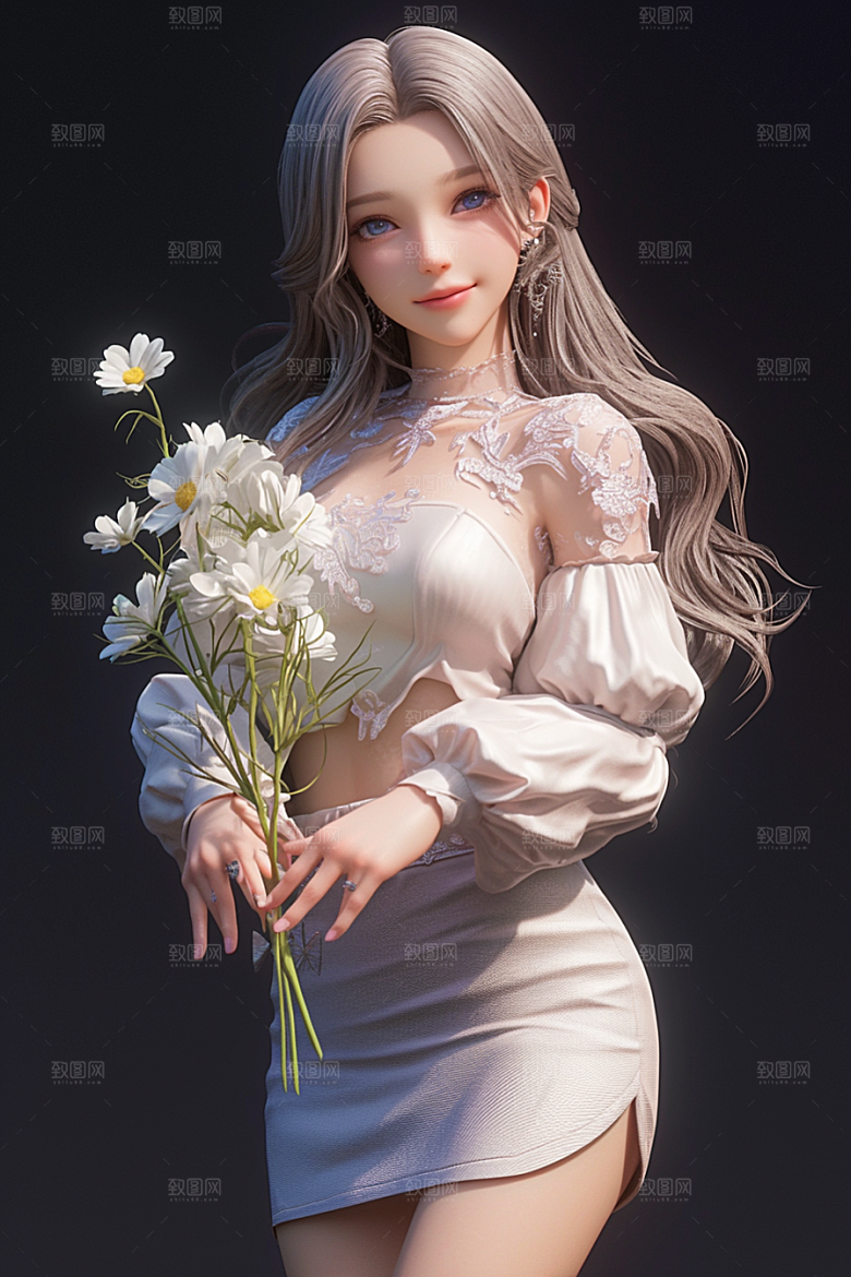 手捧鲜花的少女3D梦幻素材