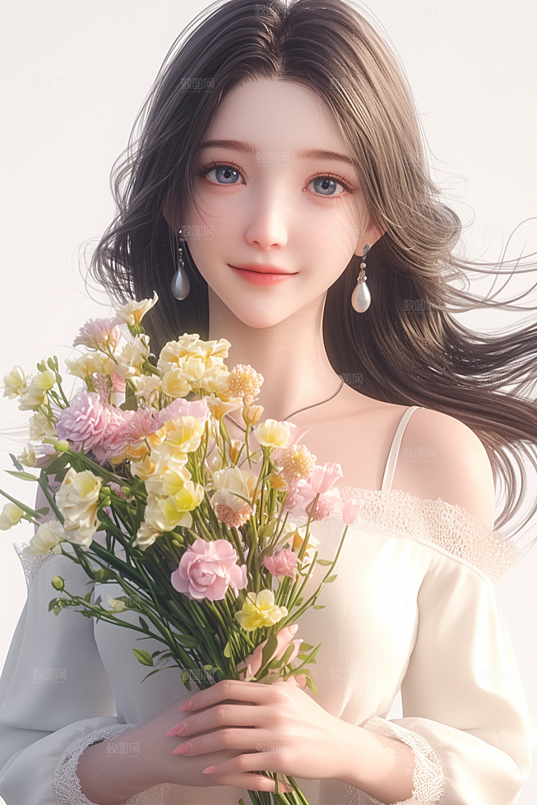 手捧鲜花的少女唯美花朵素材