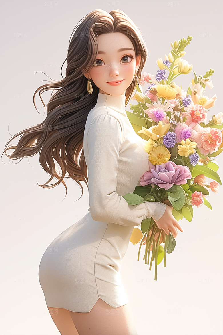 手捧鲜花的少女清新花朵素材