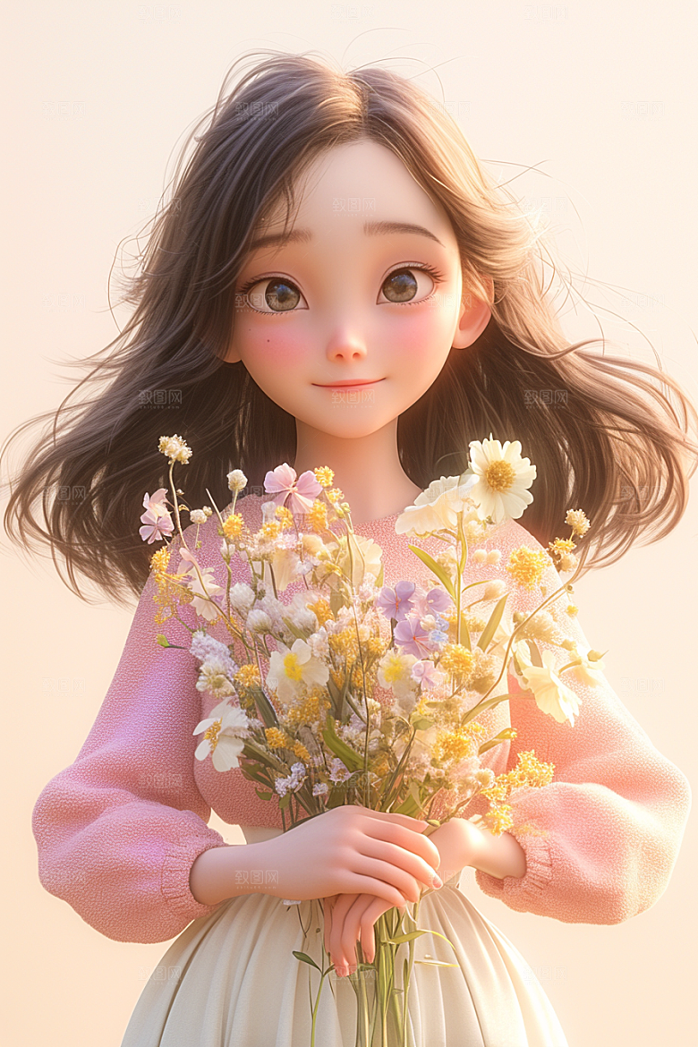 手捧鲜花的少女3D立体素材