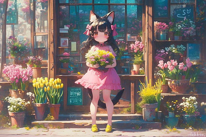 手捧鲜花的少女自然清新素材
