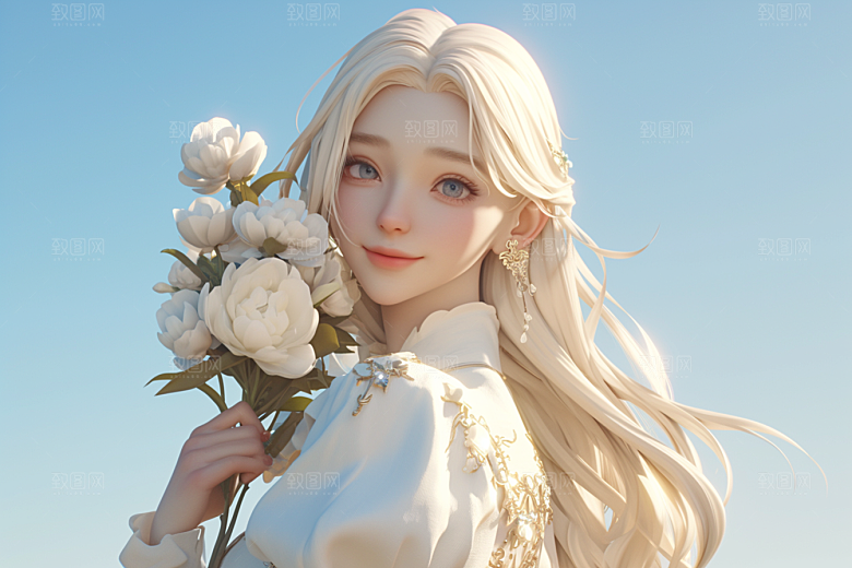 手捧鲜花的少女烂漫自然素材