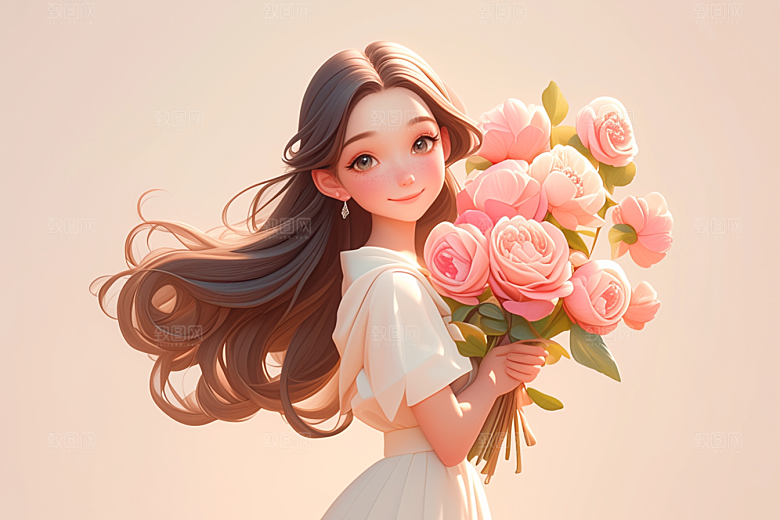 手捧鲜花的少女人物花朵素材