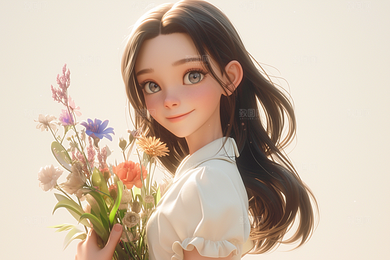 手捧鲜花的少女3D唯美素材