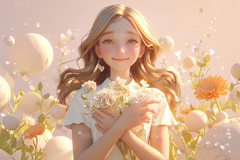 手捧鲜花的少女唯美3D素材