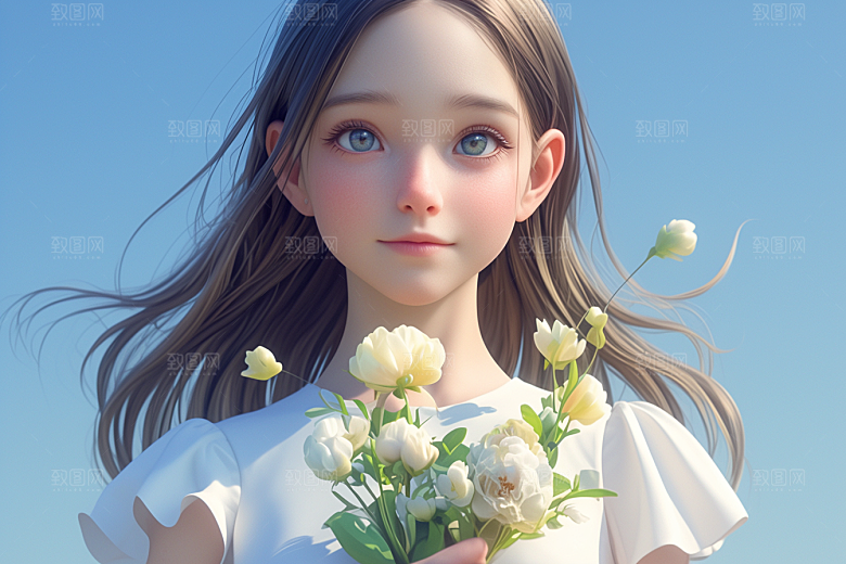 手捧鲜花的少女自然烂漫素材