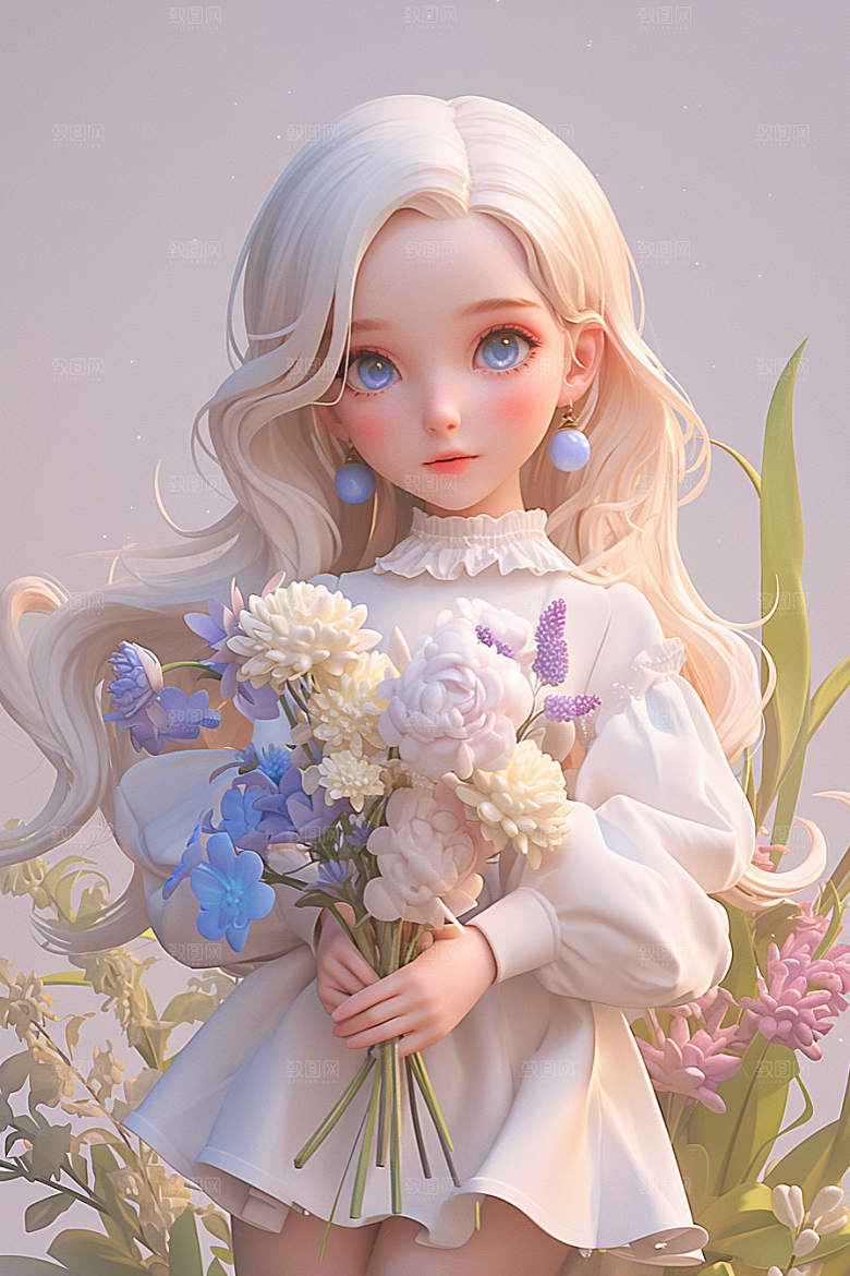 手捧鲜花的少女清新花朵素材
