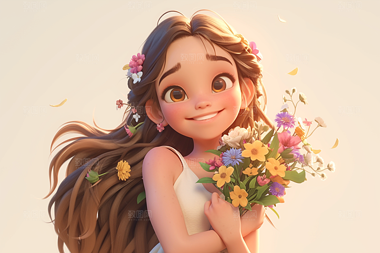 手捧鲜花的少女立体肖像素材