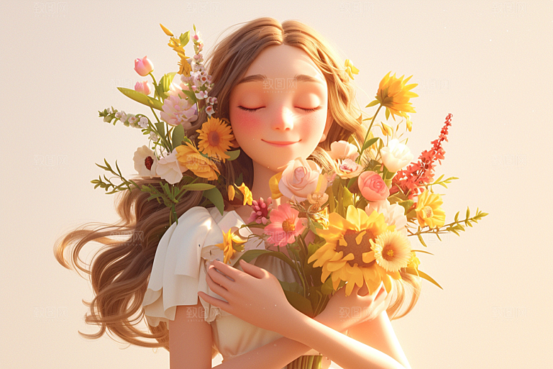 手捧鲜花的少女梦幻自然素材