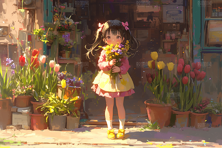 手捧鲜花的少女3D烂漫素材