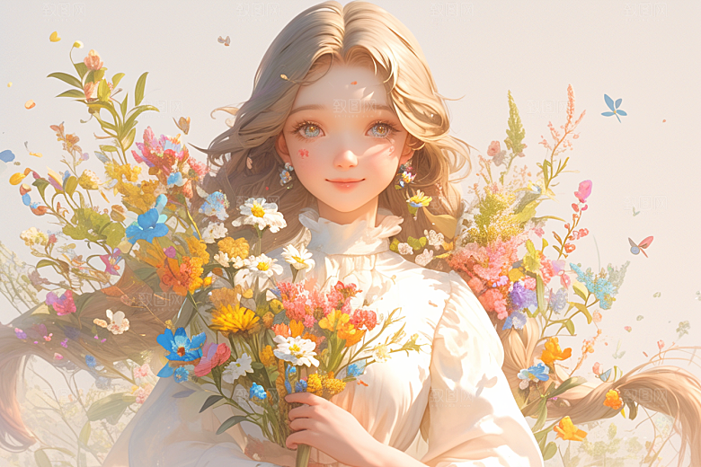 手捧鲜花的少女花朵3D素材