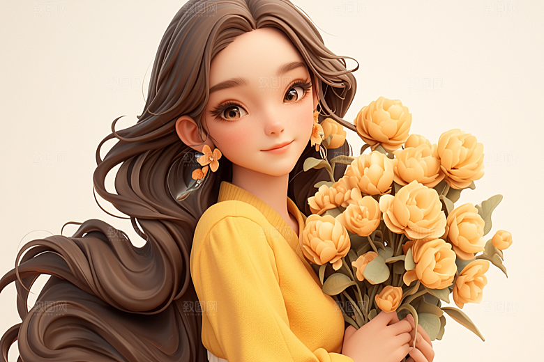 手捧鲜花的少女春天自然素材
